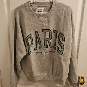 American Eagle Outfitters Gray Crewneck Sweater with Paris Graphic